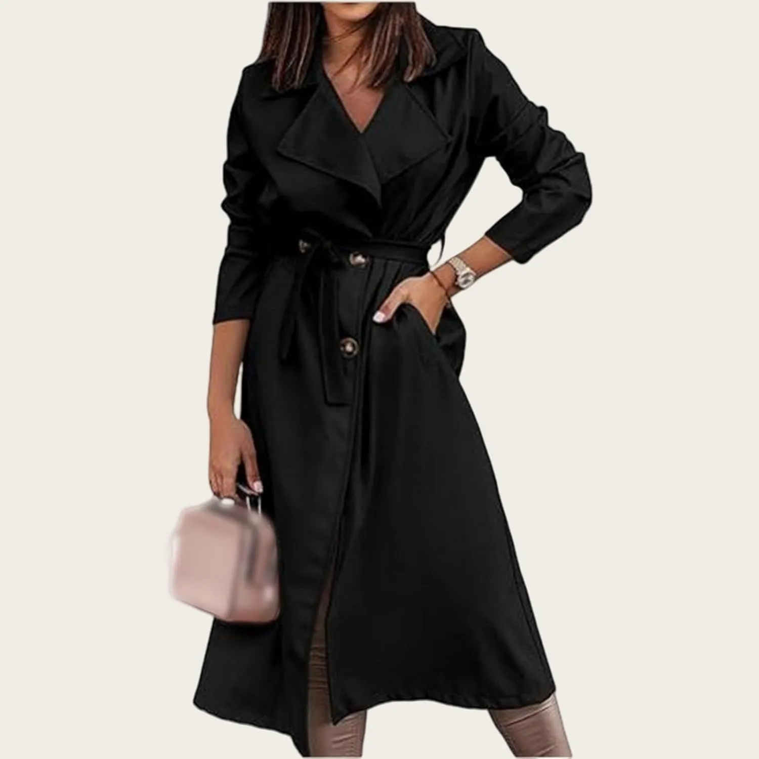 Women's Single Breasted Long Trench Coat Belted Notch Lapel Overcoat Windproof Classic Outerwear Casual Trendy Coat