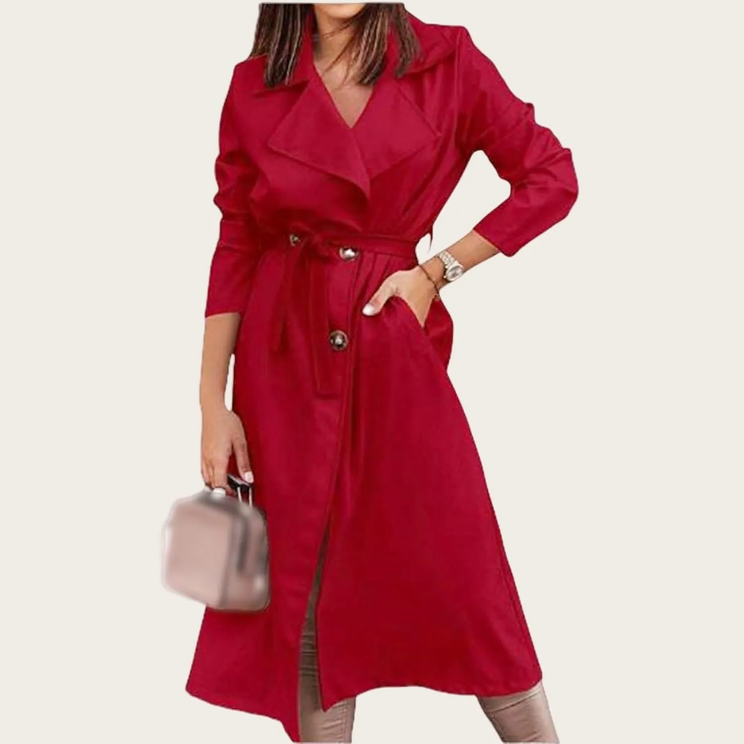 Women's Single Breasted Long Trench Coat Belted Notch Lapel Overcoat Windproof Classic Outerwear Casual Trendy Coat