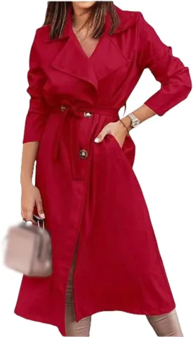 Women's Single Breasted Long Trench Coat Belted Notch Lapel Overcoat Windproof Classic Outerwear Casual Trendy Coat