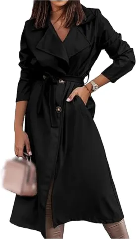 Women's Single Breasted Long Trench Coat Belted Notch Lapel Overcoat Windproof Classic Outerwear Casual Trendy Coat