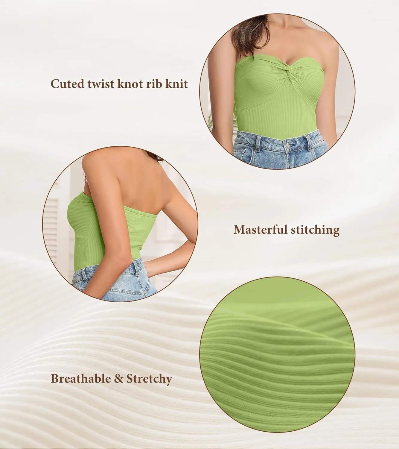 Womens Strapless Crop Top Twist Knot Front Bandeau Ribbed cuted Y2K Strapless Tank Summer Vacation Tops Corset