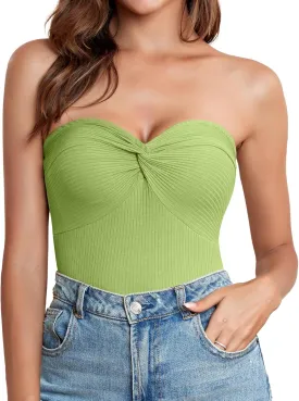 Womens Strapless Crop Top Twist Knot Front Bandeau Ribbed cuted Y2K Strapless Tank Summer Vacation Tops Corset