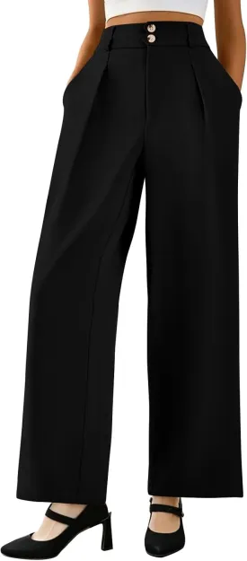 Womens Wide Leg Dress Pants Stretchy Palazzo Pants Business High Elastic Waisted Button Long Trousers