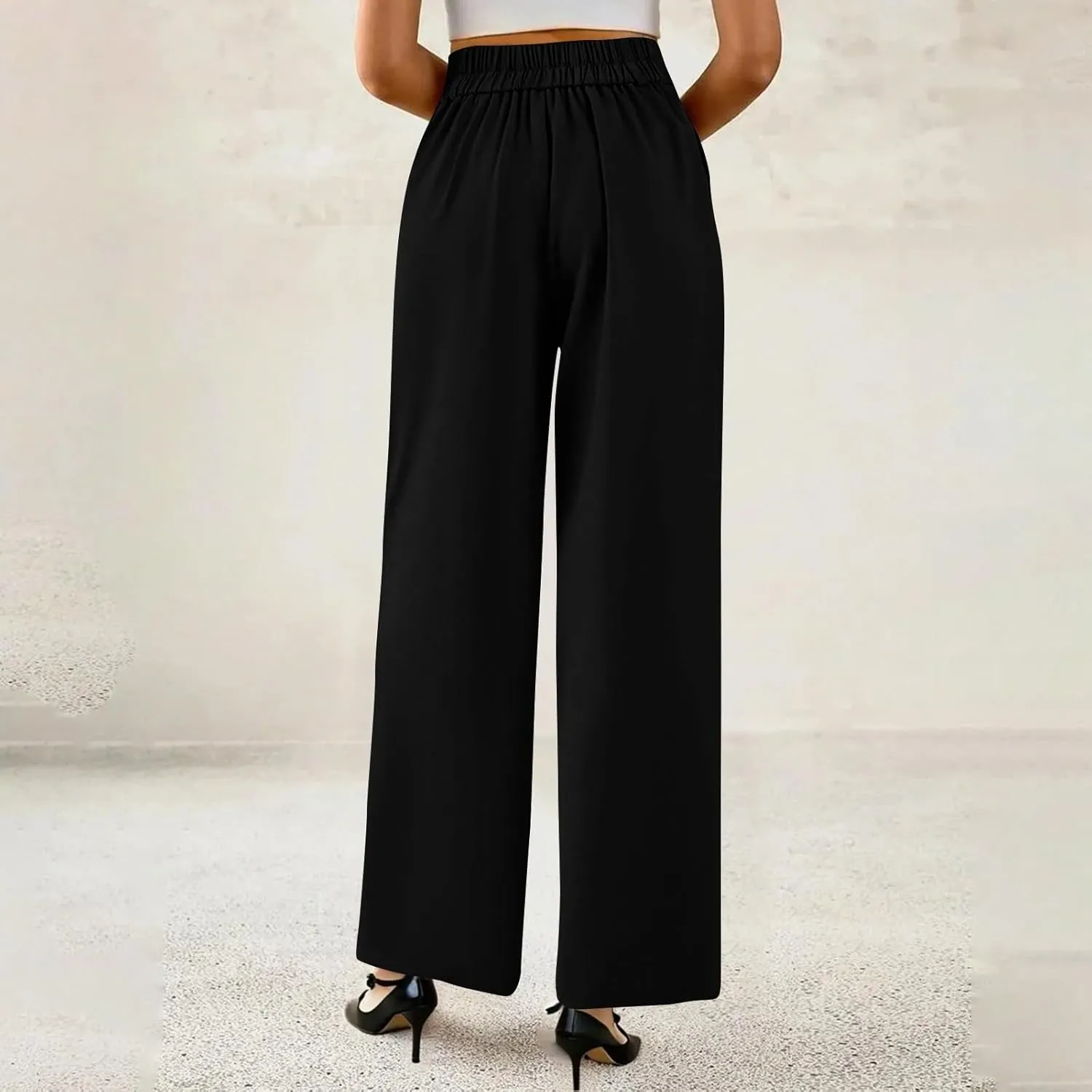 Womens Wide Leg Dress Pants Stretchy Palazzo Pants Business High Elastic Waisted Button Long Trousers