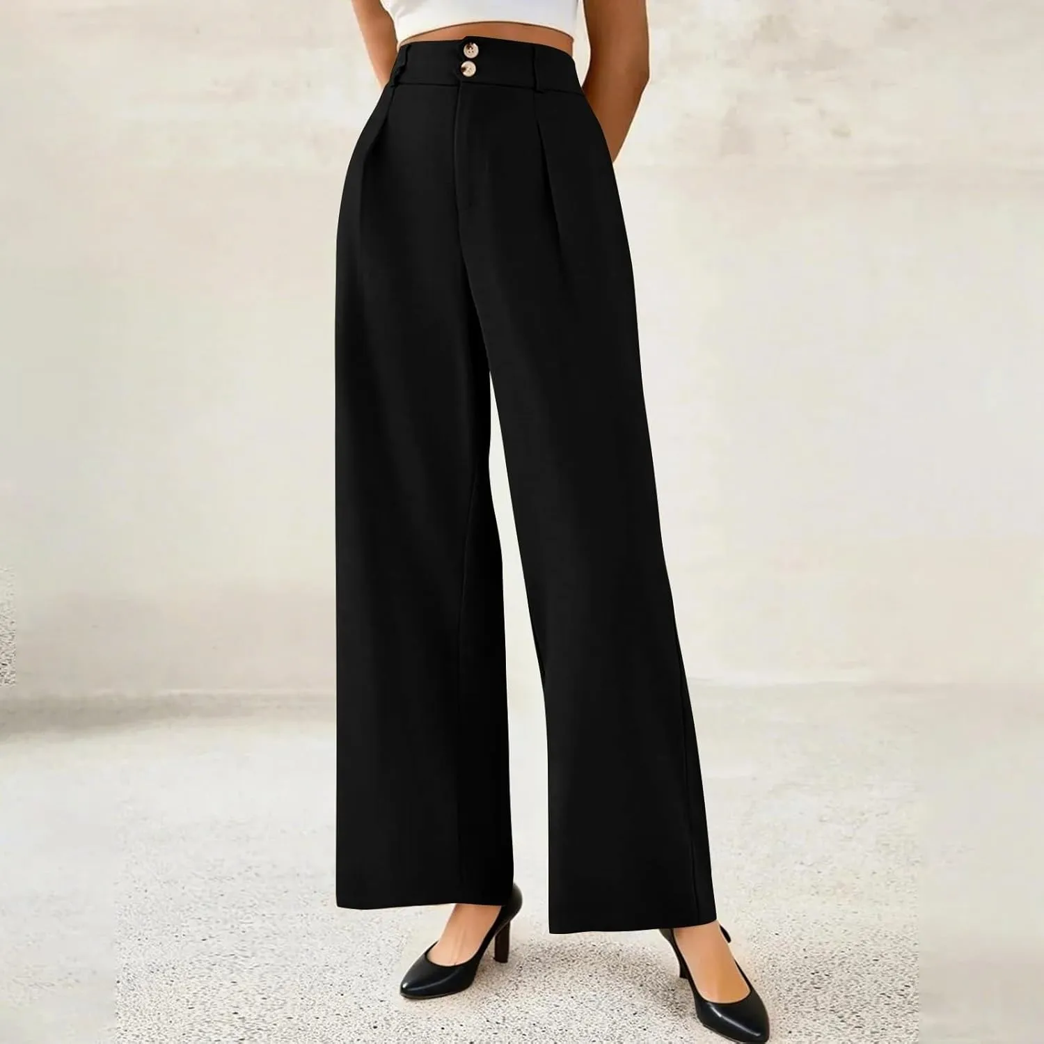 Womens Wide Leg Dress Pants Stretchy Palazzo Pants Business High Elastic Waisted Button Long Trousers