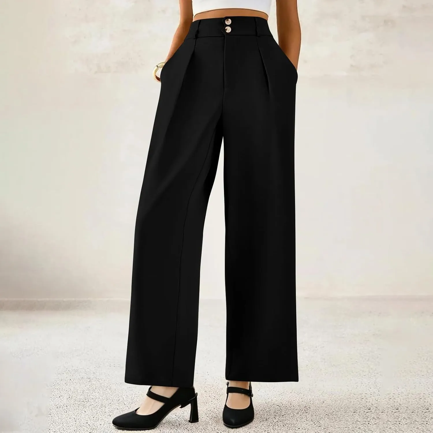 Womens Wide Leg Dress Pants Stretchy Palazzo Pants Business High Elastic Waisted Button Long Trousers