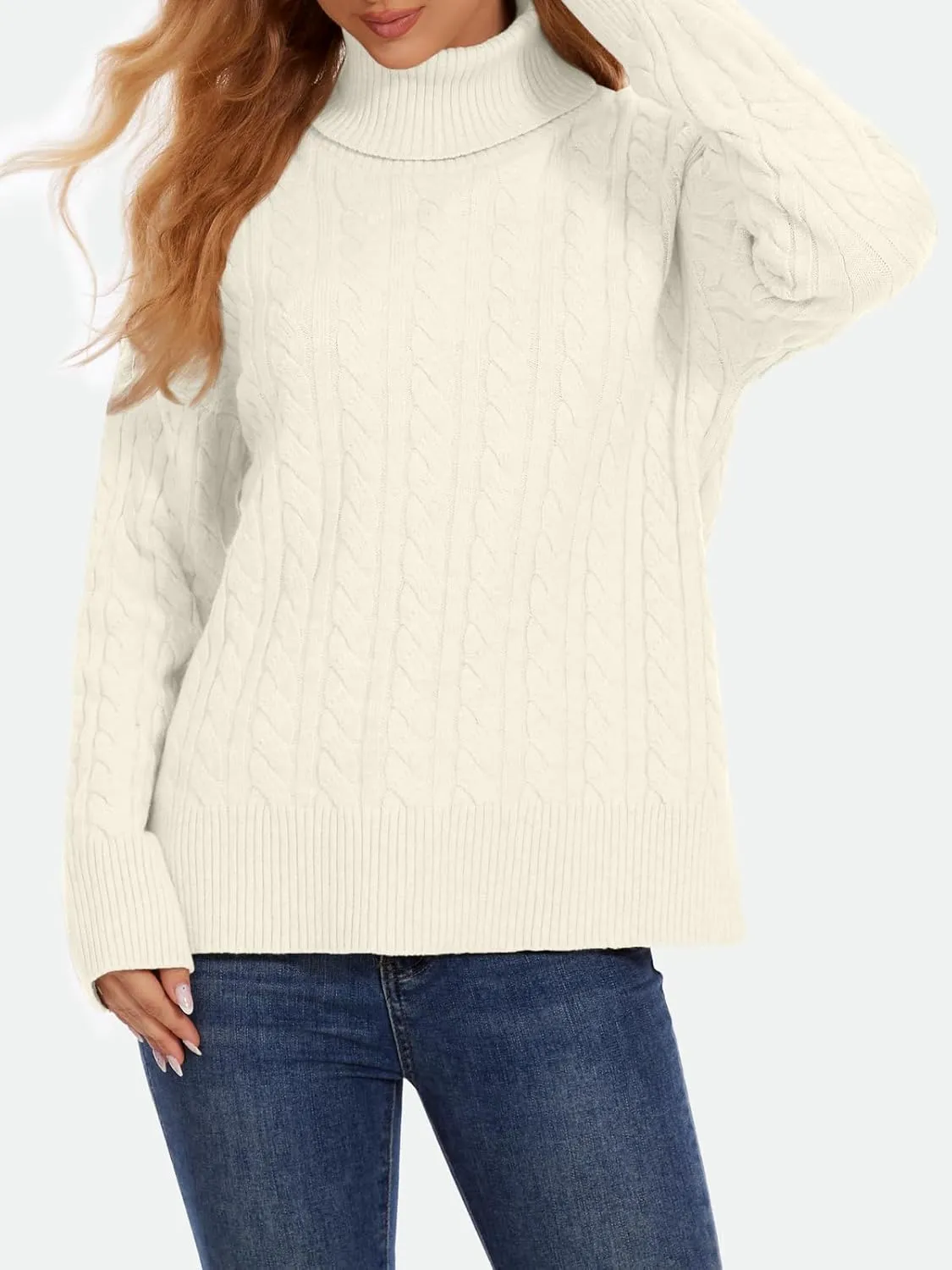 ZANZEA Turtleneck Sweater Women Long Sleeve Oversized Pullover Spilt Hem Chunky Cable Knit Jumper Fall Sweaters 2024