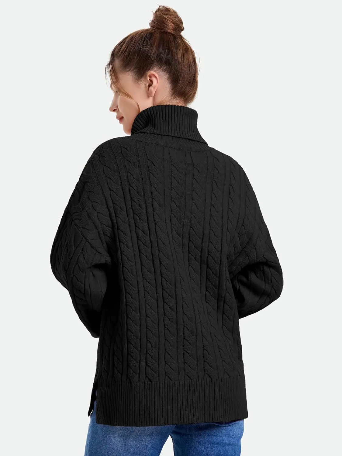 ZANZEA Turtleneck Sweater Women Long Sleeve Oversized Pullover Spilt Hem Chunky Cable Knit Jumper Fall Sweaters 2024