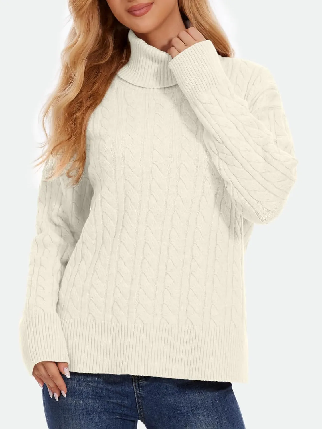 ZANZEA Turtleneck Sweater Women Long Sleeve Oversized Pullover Spilt Hem Chunky Cable Knit Jumper Fall Sweaters 2024