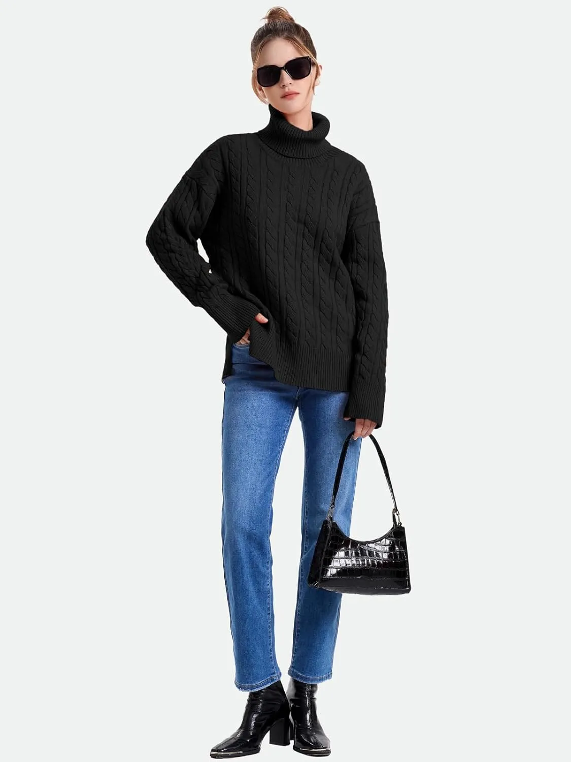ZANZEA Turtleneck Sweater Women Long Sleeve Oversized Pullover Spilt Hem Chunky Cable Knit Jumper Fall Sweaters 2024