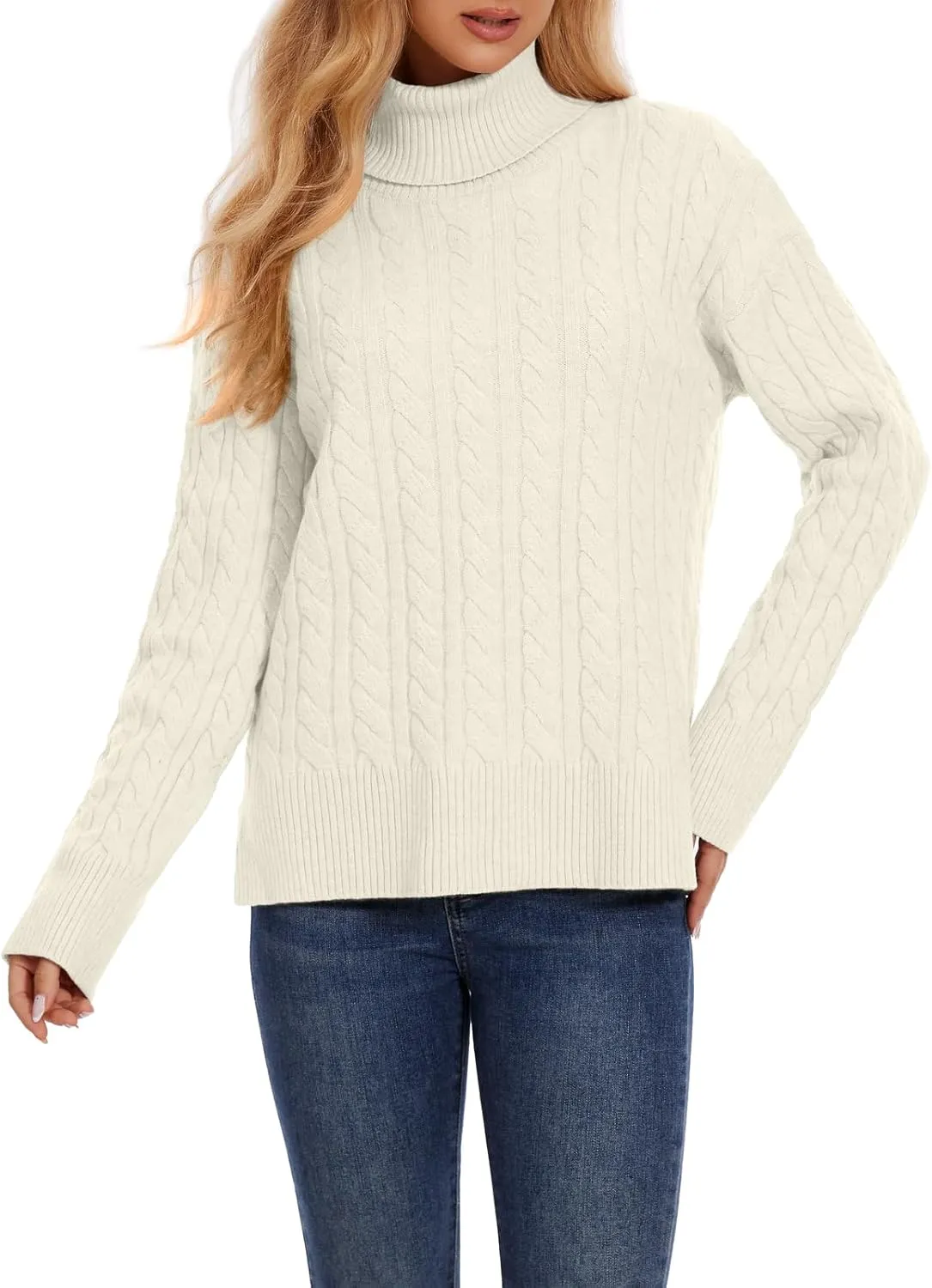 ZANZEA Turtleneck Sweater Women Long Sleeve Oversized Pullover Spilt Hem Chunky Cable Knit Jumper Fall Sweaters 2024