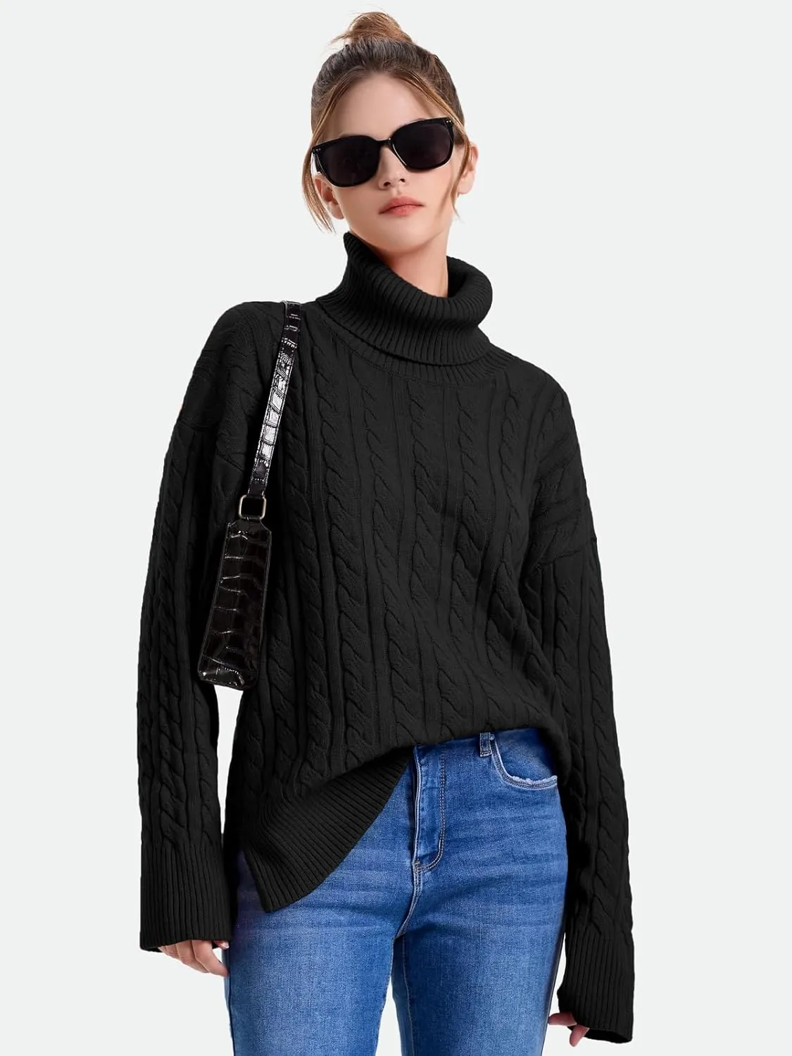 ZANZEA Turtleneck Sweater Women Long Sleeve Oversized Pullover Spilt Hem Chunky Cable Knit Jumper Fall Sweaters 2024