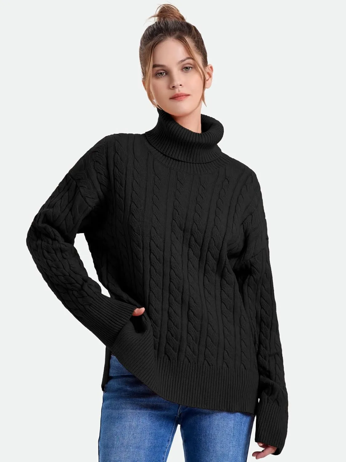 ZANZEA Turtleneck Sweater Women Long Sleeve Oversized Pullover Spilt Hem Chunky Cable Knit Jumper Fall Sweaters 2024