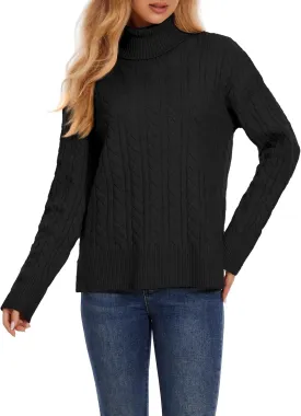 ZANZEA Turtleneck Sweater Women Long Sleeve Oversized Pullover Spilt Hem Chunky Cable Knit Jumper Fall Sweaters 2024