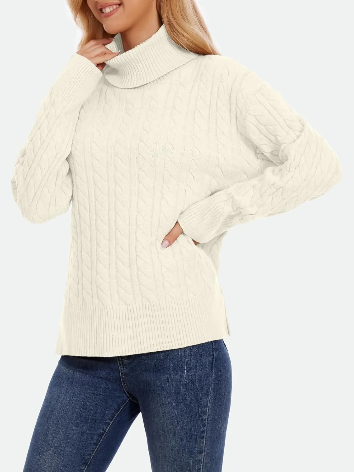 ZANZEA Turtleneck Sweater Women Long Sleeve Oversized Pullover Spilt Hem Chunky Cable Knit Jumper Fall Sweaters 2024